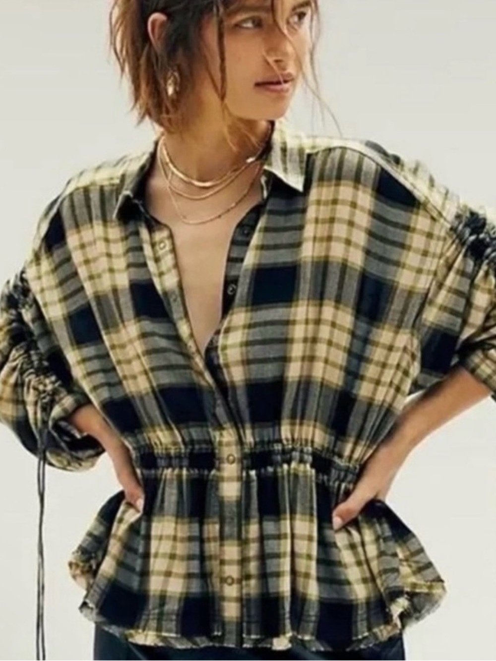 We The Free Pacific Dawn Plaid Olive, Black & Cream Plaid Cinched Waist Shirt XS